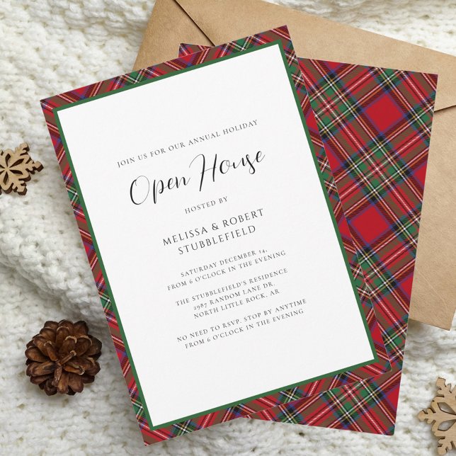 Kariertes Christmas Open House Stewart Tartan Part Einladung (Rustic Plaid Christmas Open House Party Tartan Invitation)