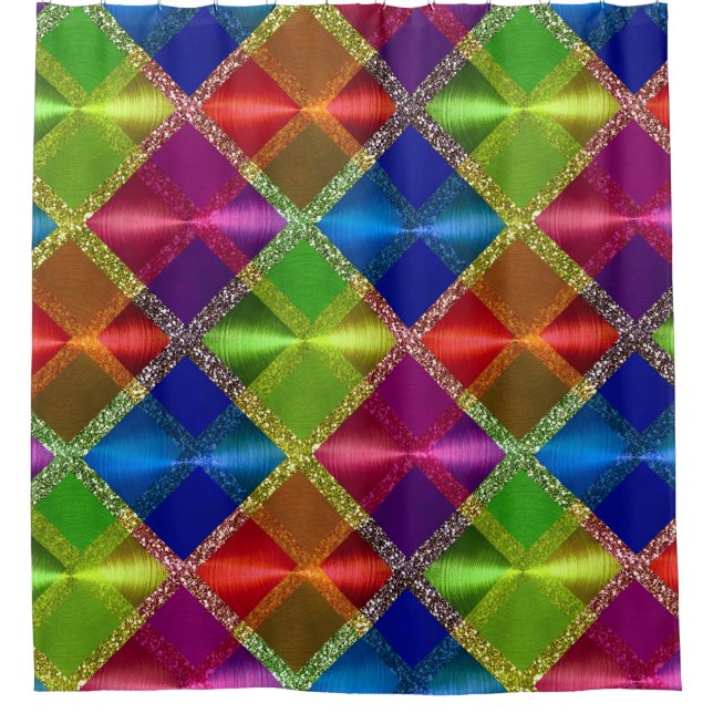 Kariertes Design von Blue Red Green Glitzer Duschvorhang (Vorderseite)