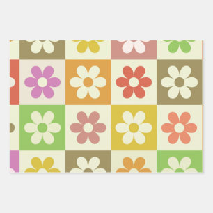Kariertes Farbige Retro-Blumen-Muster  Geschenkpapier Set