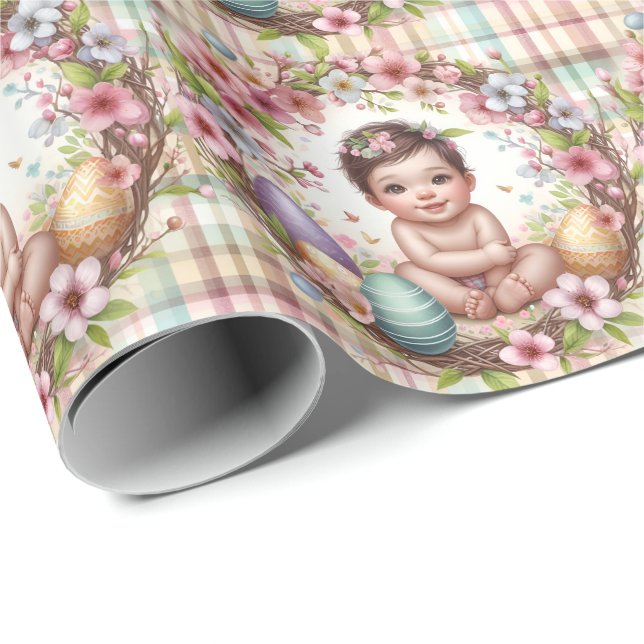 Kariertes florales Baby Erste Osterfeier Geschenkpapier (Rolleneckpunkt)