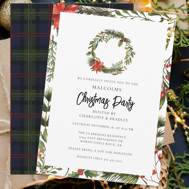 Kariertes florales Poinsettia Weihnachtsfest Party Einladung (Rustic Plaid Christmas Party Malcolm Tartan Invitation)