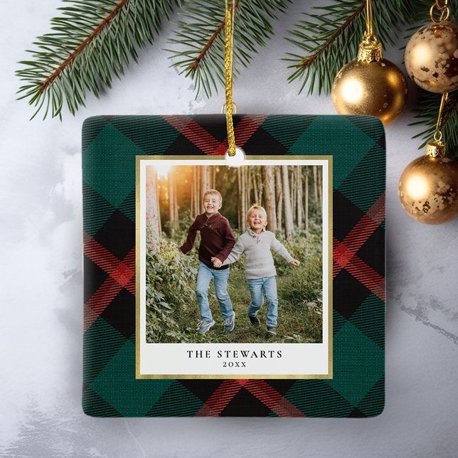 Kariertes Foto Keramikornament (Plaid Tradition square ornament)