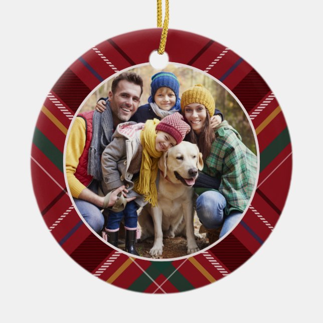 Kariertes Foto Rot personalisiert Weihnachten Keramik Ornament (Vorne)
