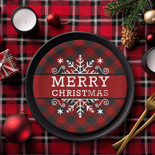 Kariertes Frohe Weihnachten Schneeflocke Pappteller