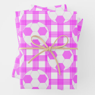 Kariertes Fußball-Muster in Weiß und Rosa Geschenkpapier Set