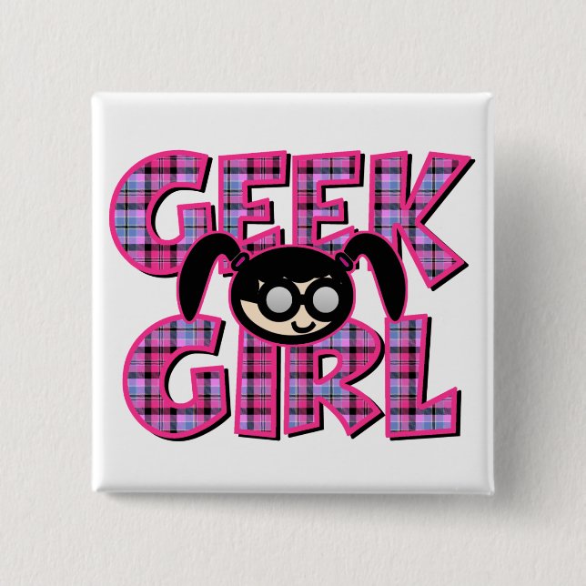 Kariertes Geek-Mädchen mit Grafik Button (Vorderseite)