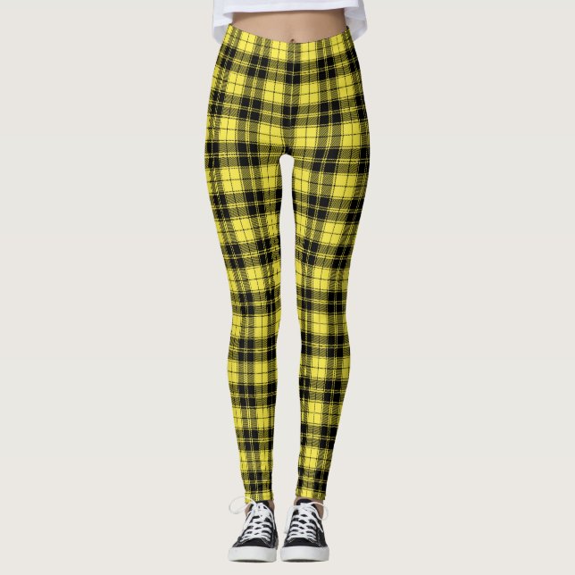 Kariertes gelbes Schwarzes Tartan-Muster  Leggings (Vorderseite)