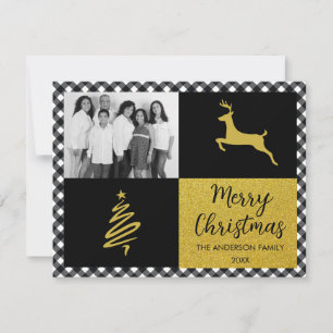 Kariertes Gold Holiday Foto in Black and White Buf Feiertagskarte