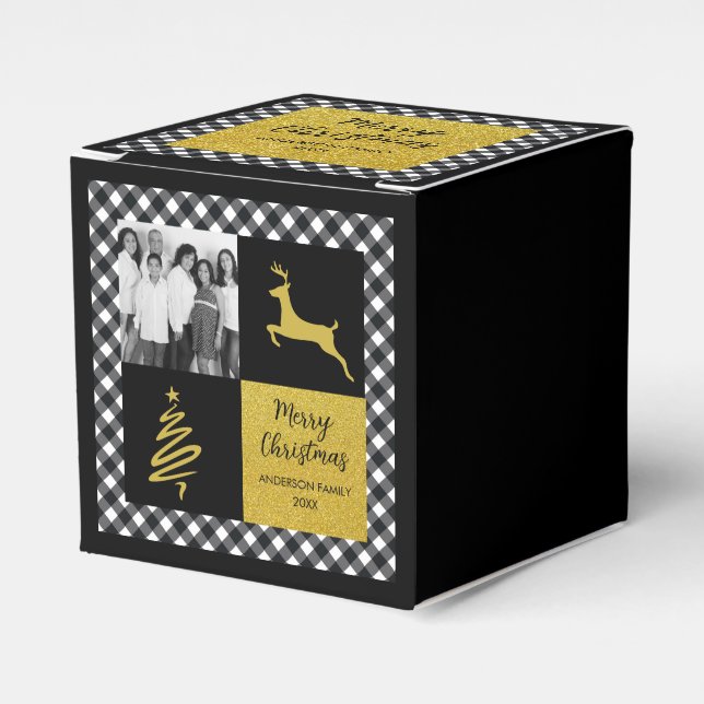 Kariertes Gold Holiday Foto in Black and White Buf Geschenkschachtel (Vorderseite)