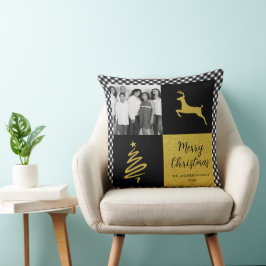 Kariertes Gold Holiday Foto in Black and White Buf Kissen