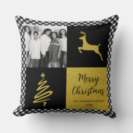 Kariertes Gold Holiday Foto in Black and White Buf Kissen