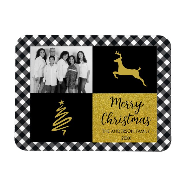 Kariertes Gold Holiday Foto in Black and White Buf Magnet (Horizontal)
