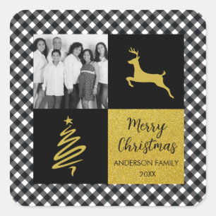 Kariertes Gold Holiday Foto in Black and White Buf Quadratischer Aufkleber