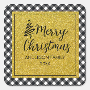 Kariertes Gold Holiday Foto in Black and White Buf Quadratischer Aufkleber