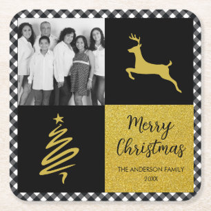 Kariertes Gold Holiday Foto in Black and White Buf Rechteckiger Pappuntersetzer