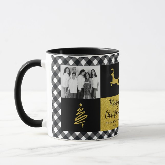 Kariertes Gold Holiday Foto in Black and White Buf Tasse (Links)
