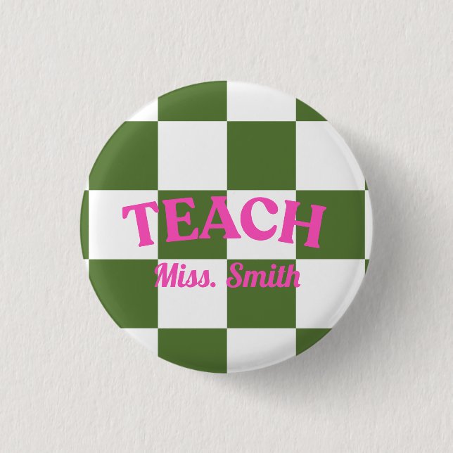 Kariertes Grün Lehr Lehrerin Pin Button (Vorderseite)