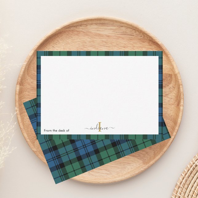 Kariertes grünes Monogramm Skript Rustikaler Name  Dankeskarte (Plaid Monogram Campbell Tartan Notecard)