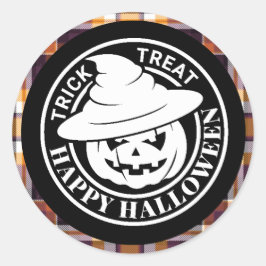 Kariertes Halloween Black/Orange Pumkin-Glocken Runder Aufkleber