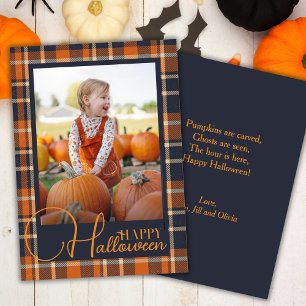 Kariertes Halloween-Foto in Blau und Orange Feiertagskarte