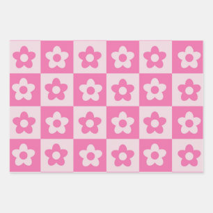 Kariertes heißrosa und weißes Retro-Blumenmuster Geschenkpapier Set