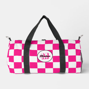 Kariertes heißrosa weißes geometrisches Retro-Mono Duffle Bag