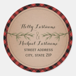 Kariertes Herz mit Evergreen Branch Adresse Runder Aufkleber