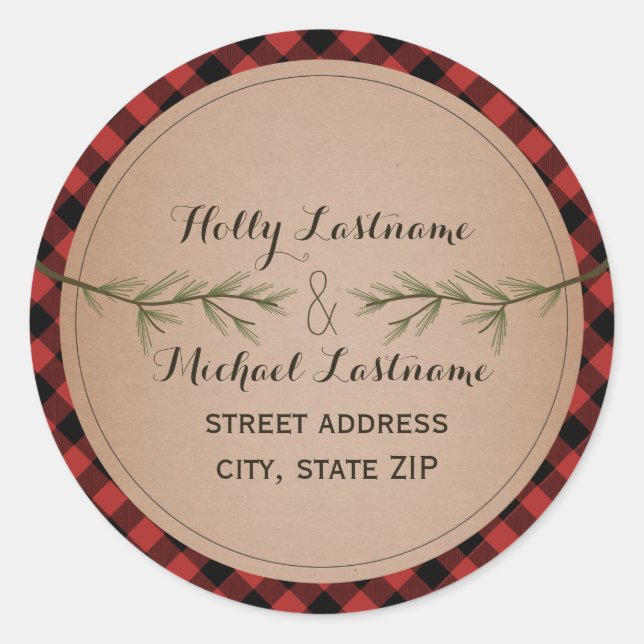 Kariertes Herz mit Evergreen Branch Adresse Runder Aufkleber (Vorderseite)