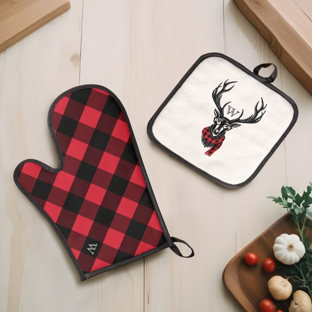 Kariertes Hirschmonogramm mit rotem und schwarzem  Ofenhandschuh & Topflappen-Set (Cozy Red & Black Buffalo Plaid Deer Monogram Oven Mitt & Pot Holder Set)