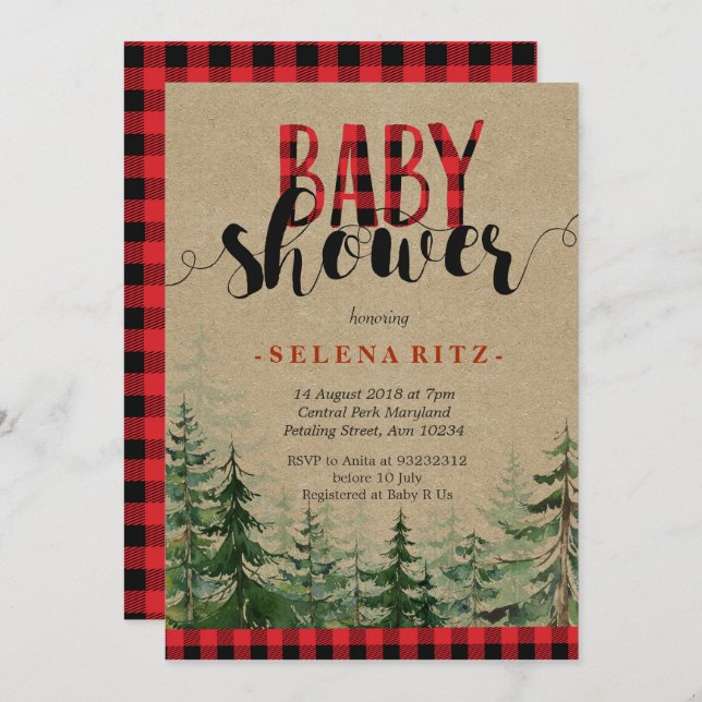 Kariertes Holz Waldwald Lumberjack Babydusche Einladung (Vorne/Hinten)