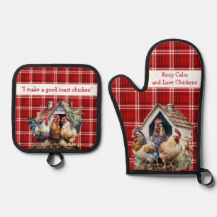 Kariertes Huhn-Zitat aus Rot und Schwarz Ofenhandschuh & Topflappen-Set