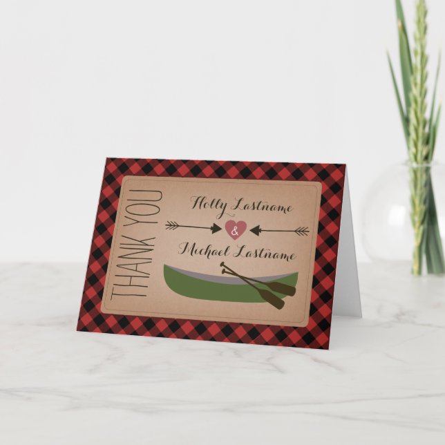 Kariertes Kanu + Herz mit Pfeilen Danke Karte (Vorderseite)