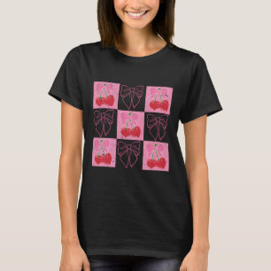 Kariertes Kirsch-Coquette-Schleifenband Rosa Valen T-Shirt
