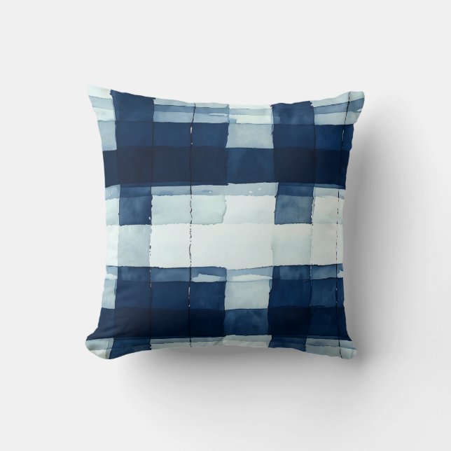 Kariertes Kissen mit Navy Blue und White Watercolo (Vorderseite)