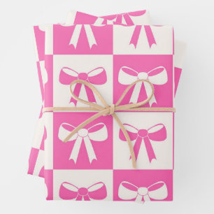 Kariertes Kokett Mädchen Rosa Schleifen Muster  Geschenkpapier Set