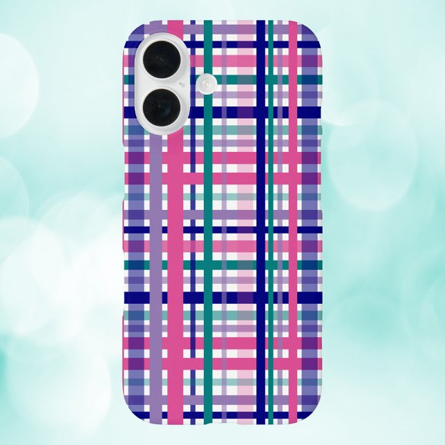 Kariertes Lila rosa Aquamarines Navy Blue Muster Case-Mate iPhone Hülle (A phone case with a plaid pattern done in pink, purple, teal and navy blue.)