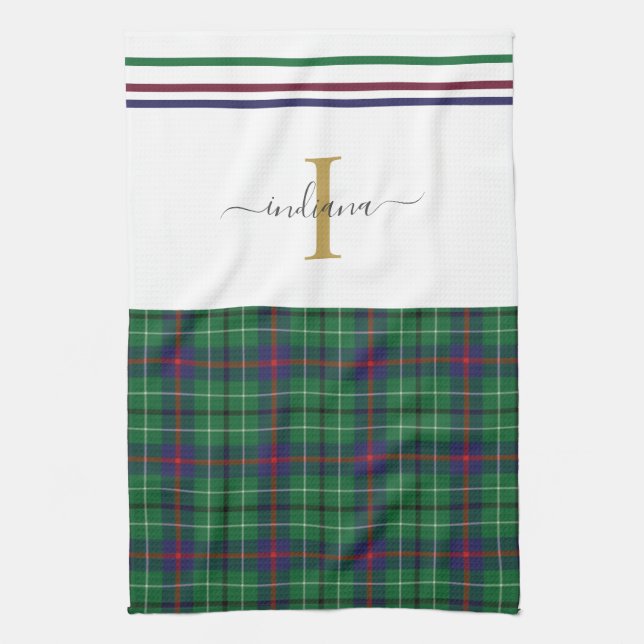 Kariertes Monogram Script Tartan Rustic Custom Geschirrtuch (Vertikal)