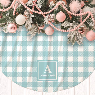 Kariertes Monogramm aus blauem Gingham und weißem Polyester Weihnachtsbaumdecke