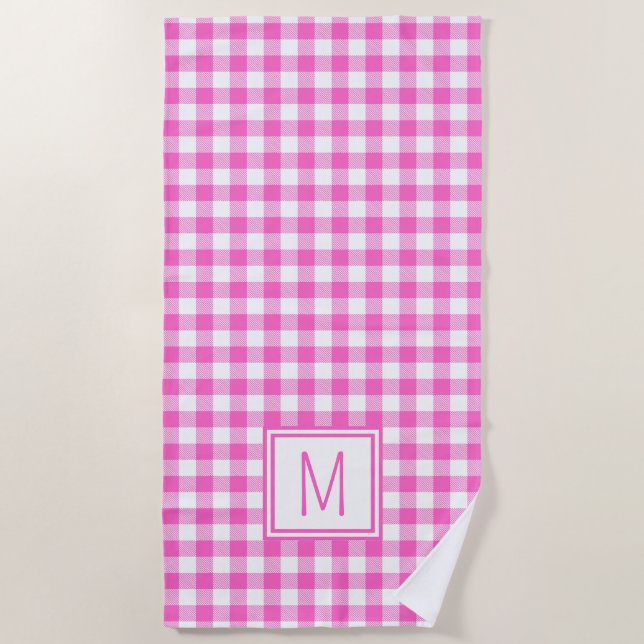 Kariertes Monogramm aus Gingham, rosa und weiß Strandtuch (Vorderseite)