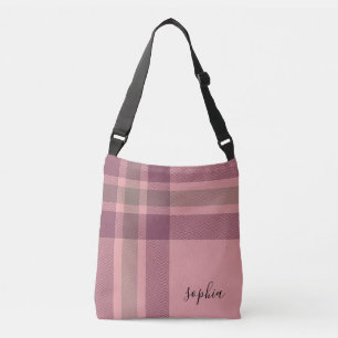Kariertes Monogramm aus Pink und Burgund Tragetaschen Mit Langen Trägern