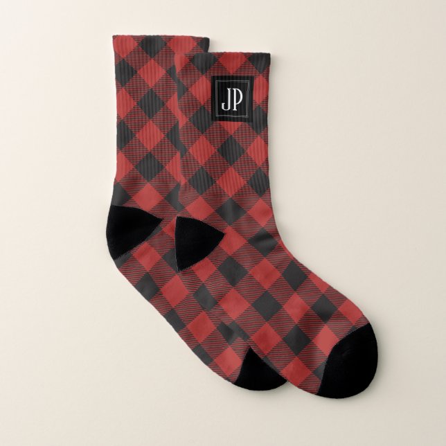 Kariertes Monogramm aus Rot und Schwarz Buffalo Socken (Paar)