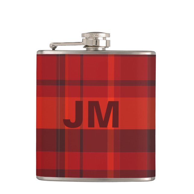 Kariertes Monogramm aus rotem Tartan Flachmann (Vorderseite)