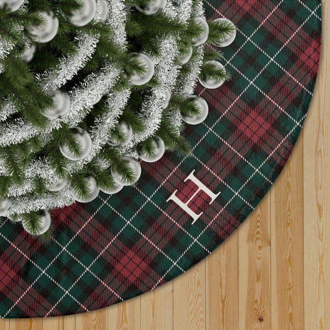 Kariertes Monogramm aus rotem und grünem Tartan Polyester Weihnachtsbaumdecke (Von Creator hochgeladen)