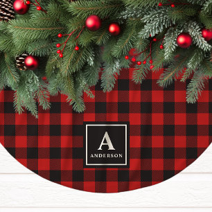Kariertes Monogramm aus rotem und schwarzem Buffal Polyester Weihnachtsbaumdecke