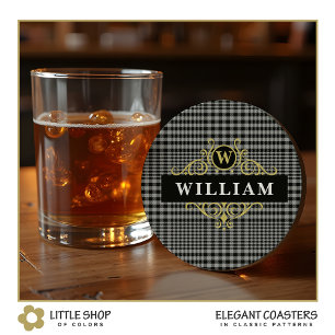 Kariertes Monogramm aus Schwarz-Graue-Glen Runder Pappuntersetzer