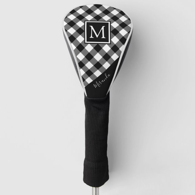 Kariertes Monogramm aus Schwarz und Weißbüffel | N Golf Headcover (Vorderseite)