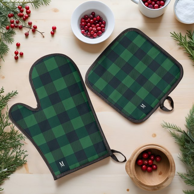 Kariertes Monogramm Buffalo, grün und schwarz Ofenhandschuh & Topflappen-Set (Green & Black Checkerboard Buffalo Plaid Monogram Oven Mitt & Pot Holder Set
)