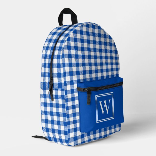 Kariertes Monogramm des Gingham-Karos Blau Bedruckter Rucksack (Rückseitige Ecke links)
