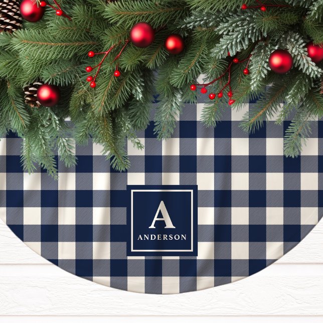 Kariertes Monogramm für Navy Blue und White Gingha Polyester Weihnachtsbaumdecke (Von Creator hochgeladen)