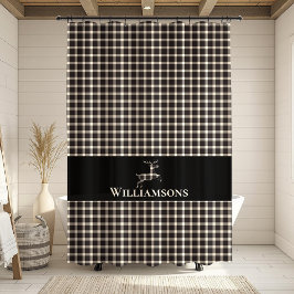Kariertes Monogramm Hirsch | Creme White Black Duschvorhang
